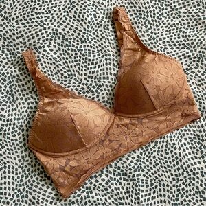 PINK Victoria's Secret Floral Lace Wireless Longline Bralette Beige Tan Large
